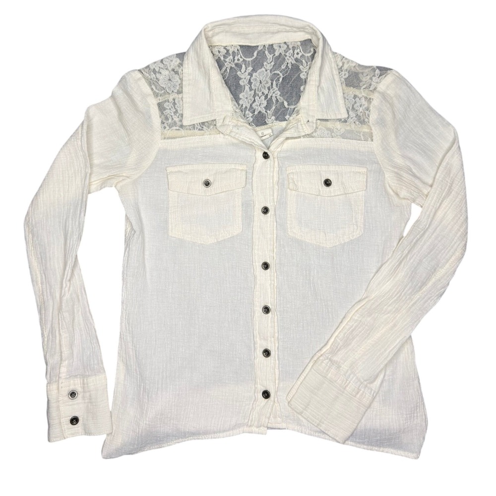 Mudd y2k Button Down Shirt S White Lace Yoke Gauze Long Sleeve Boho